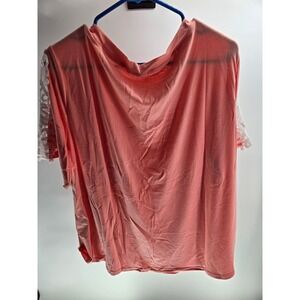 Womens Coral Pink V-Neck Short Sleeve Top with White Crochet Lace Trim Size 2XL
